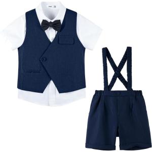 imageLOLANTA Short Suit for Boys Summer Wedding Ring Bearer Outfit Graduation 6 Pieces Shirt Vest Shorts SetNavy Blue