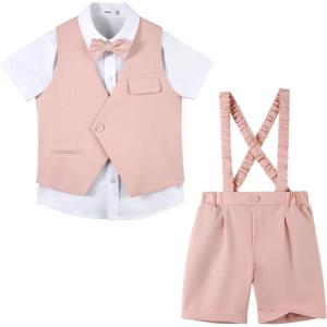 imageLOLANTA Short Suit for Boys Summer Wedding Ring Bearer Outfit Graduation 6 Pieces Shirt Vest Shorts SetPink