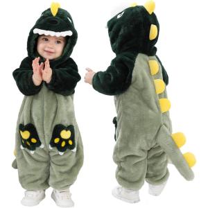 imageLOLANTA Unisex Baby Dinosaur Costume Fleece Hooded Animal Rompers One Piece SnowsuitGreen