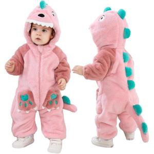 imageLOLANTA Unisex Baby Dinosaur Costume Fleece Hooded Animal Rompers One Piece SnowsuitPink