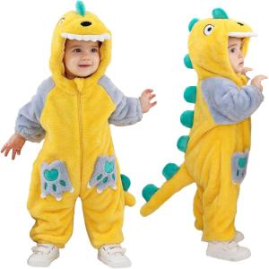 imageLOLANTA Unisex Baby Dinosaur Costume Fleece Hooded Animal Rompers One Piece SnowsuitYellow