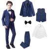 imageBoys Plaid Suit 5 Piece Formal Outfits Slim Fit Dress Clothes Kids Tuxedo Blazer Shirt Vest Pants Bow TieBlue