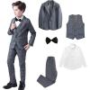imageBoys Plaid Suit 5 Piece Formal Outfits Slim Fit Dress Clothes Kids Tuxedo Blazer Shirt Vest Pants Bow TieGrey