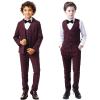 imageBoys Plaid Suit 5 Piece Formal Outfits Slim Fit Dress Clothes Kids Tuxedo Blazer Shirt Vest Pants Bow TieWine