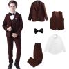 imageBoys Plaid Suit 5 Piece Formal Outfits Slim Fit Dress Clothes Kids Tuxedo Blazer Shirt Vest Pants Bow TieWine
