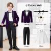 imageLOLANTA Boys 4 Piece Velvet Suit Formal Tuxedo Kids Slim Fit Blazer Dress Shirt Pants Outfit with Bow TiePurple Peak Lapel