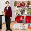 imageLOLANTA Boys 4 Piece Velvet Suit Formal Tuxedo Kids Slim Fit Blazer Dress Shirt Pants Outfit with Bow TieRed Peak Lapel