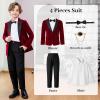 imageLOLANTA Boys 4 Piece Velvet Suit Formal Tuxedo Kids Slim Fit Blazer Dress Shirt Pants Outfit with Bow TieRed Peak Lapel