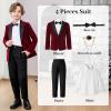 imageLOLANTA Boys 4 Piece Velvet Suit Formal Tuxedo Kids Slim Fit Blazer Dress Shirt Pants Outfit with Bow TieWine Red Peak Lapel