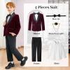 imageLOLANTA Boys 4 Piece Velvet Suit Formal Tuxedo Kids Slim Fit Blazer Dress Shirt Pants Outfit with Bow TieWine Shawl Lapel