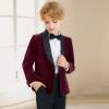 imageLOLANTA Boys 4 Piece Velvet Suit Formal Tuxedo Kids Slim Fit Blazer Dress Shirt Pants Outfit with Bow TieWine Shawl Lapel