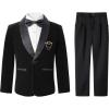 imageLOLANTA Boys 4 Piece Velvet Suit Formal Tuxedo Kids Slim Fit Blazer Dress Shirt Pants Outfit with Bow TieBlack Shawl Lapel