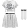 imageLOLANTA Girls Sequins Dance Costumes Sparkly Jazz Latin Hip Hop Clothing Set Shiny Crop Top with Sequin Skirt 512 YearsSilver