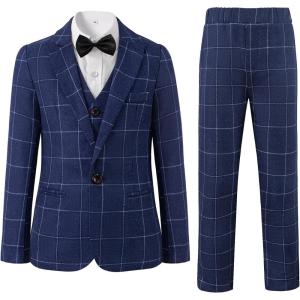 imageBoys Plaid Suit 5 Piece Formal Outfits Slim Fit Dress Clothes Kids Tuxedo Blazer Shirt Vest Pants Bow TieBlue