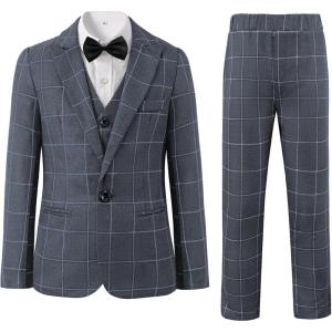 imageBoys Plaid Suit 5 Piece Formal Outfits Slim Fit Dress Clothes Kids Tuxedo Blazer Shirt Vest Pants Bow TieGrey