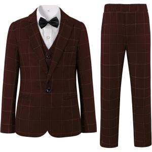 imageBoys Plaid Suit 5 Piece Formal Outfits Slim Fit Dress Clothes Kids Tuxedo Blazer Shirt Vest Pants Bow TieWine