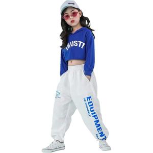 imageGirls Hip Hop Costume 2 Piece Dance Outfits Kids Cropped Hoodie Joggers Pants Clothes SetBlue