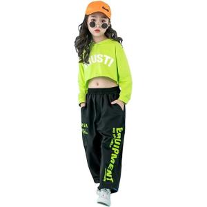 imageGirls Hip Hop Costume 2 Piece Dance Outfits Kids Cropped Hoodie Joggers Pants Clothes SetGreen