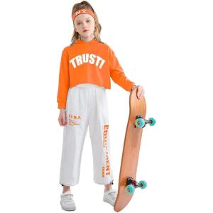 imageGirls Hip Hop Costume 2 Piece Dance Outfits Kids Cropped Hoodie Joggers Pants Clothes SetOrange