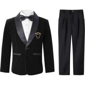 imageLOLANTA Boys 4 Piece Velvet Suit Formal Tuxedo Kids Slim Fit Blazer Dress Shirt Pants Outfit with Bow TieBlack Shawl Lapel