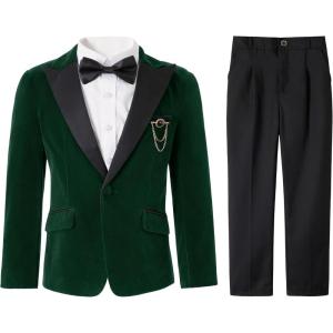 imageLOLANTA Boys 4 Piece Velvet Suit Formal Tuxedo Kids Slim Fit Blazer Dress Shirt Pants Outfit with Bow TieGreen Peak Lapel