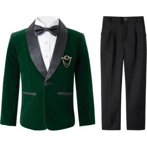 imageLOLANTA Boys 4 Piece Velvet Suit Formal Tuxedo Kids Slim Fit Blazer Dress Shirt Pants Outfit with Bow TieGreen Shawl Lapel