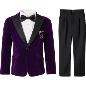 imageLOLANTA Boys 4 Piece Velvet Suit Formal Tuxedo Kids Slim Fit Blazer Dress Shirt Pants Outfit with Bow TiePurple Peak Lapel