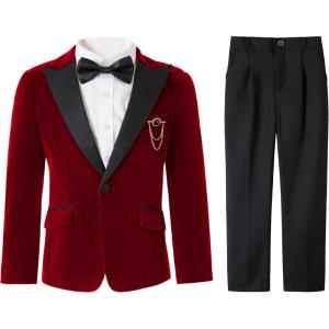 imageLOLANTA Boys 4 Piece Velvet Suit Formal Tuxedo Kids Slim Fit Blazer Dress Shirt Pants Outfit with Bow TieRed Peak Lapel