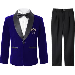 imageLOLANTA Boys 4 Piece Velvet Suit Formal Tuxedo Kids Slim Fit Blazer Dress Shirt Pants Outfit with Bow TieRoyal Blue Shawl Lapel