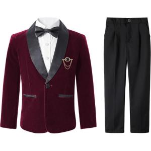 imageLOLANTA Boys 4 Piece Velvet Suit Formal Tuxedo Kids Slim Fit Blazer Dress Shirt Pants Outfit with Bow TieWine Shawl Lapel