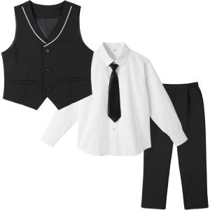 imageLOLANTA Boys 4Piece Formal Suit Wedding Ring Bearer Outfit Vest Suit Pants with White Dress Shirt and Tie for 314 YearsBlack