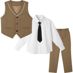 imageLOLANTA Boys 4Piece Formal Suit Wedding Ring Bearer Outfit Vest Suit Pants with White Dress Shirt and Tie for 314 YearsBrown
