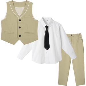 imageLOLANTA Boys 4Piece Formal Suit Wedding Ring Bearer Outfit Vest Suit Pants with White Dress Shirt and Tie for 314 YearsKhaki