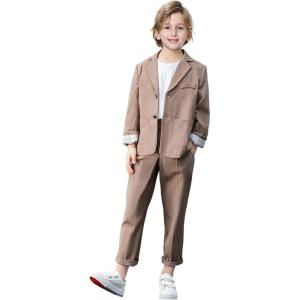 imageLOLANTA Boys Casual Suits Wedding Outfits Kids 2 Piece Gentleman Blazer and Pants Set DresswearKhaki