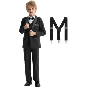 imageLOLANTA Boys Formal Suit Slim Fit Ring Bearer Outfit Kids Tuxedo Dress Clothes Blazer Vest Pants Set with SuspendersBlack