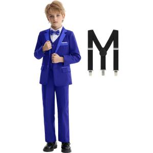 imageLOLANTA Boys Formal Suit Slim Fit Ring Bearer Outfit Kids Tuxedo Dress Clothes Blazer Vest Pants Set with SuspendersBlue