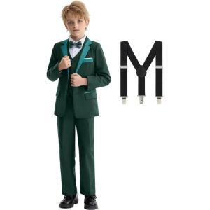 imageLOLANTA Boys Formal Suit Slim Fit Ring Bearer Outfit Kids Tuxedo Dress Clothes Blazer Vest Pants Set with SuspendersGreen