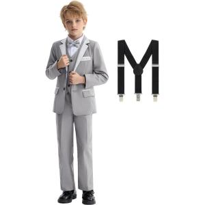 imageLOLANTA Boys Formal Suit Slim Fit Ring Bearer Outfit Kids Tuxedo Dress Clothes Blazer Vest Pants Set with SuspendersGrey
