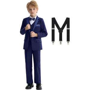 imageLOLANTA Boys Formal Suit Slim Fit Ring Bearer Outfit Kids Tuxedo Dress Clothes Blazer Vest Pants Set with SuspendersNavy