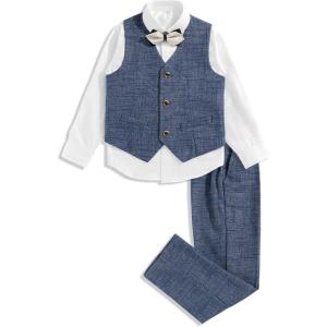 imageLOLANTA Boys Suit 4PCs Vest Pant Shirt Bow Tie Set Wedding Ring Bearer Outfit Kids Dress ClothesGrey Blue