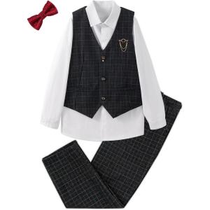 imageLOLANTA Boys Vest Pants Set Plaid Dress Suit with Shirt Kids Tuxedo Formal Wedding Ring Bearer OutfitBlack