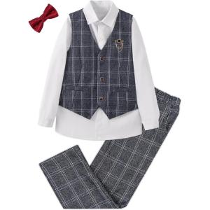 imageLOLANTA Boys Vest Pants Set Plaid Dress Suit with Shirt Kids Tuxedo Formal Wedding Ring Bearer OutfitGrey