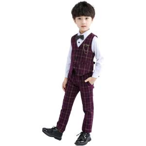 imageLOLANTA Boys Vest Pants Set Plaid Dress Suit with Shirt Kids Tuxedo Formal Wedding Ring Bearer OutfitPurple