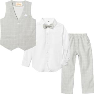 imageLOLANTA Boys Vest Suits 4PCs Wedding Ring Bearer Outfits Wasitcoat Shirt Pants Bow Tie 213 YearsGreywith Shirt