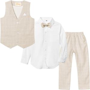 imageLOLANTA Boys Vest Suits 4PCs Wedding Ring Bearer Outfits Wasitcoat Shirt Pants Bow Tie 213 YearsKhakiwith Shirt