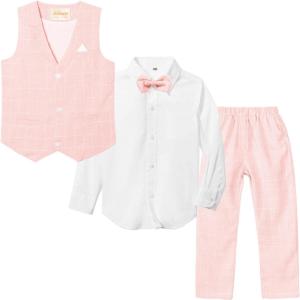 imageLOLANTA Boys Vest Suits 4PCs Wedding Ring Bearer Outfits Wasitcoat Shirt Pants Bow Tie 213 YearsPinkwith Shirt