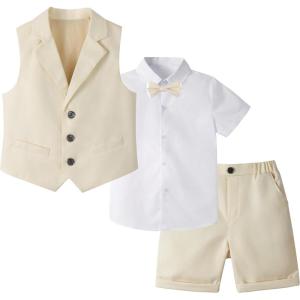 imageLOLANTA Boys Vest Tuxedo Suit Wedding Ring Bearer Outfits 4PCs Dress Clothes Vest Shirt Shorts Bow TieBeige