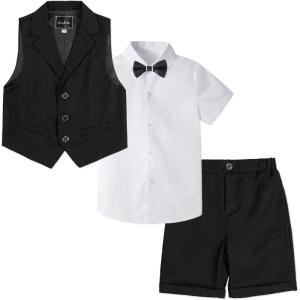 imageLOLANTA Boys Vest Tuxedo Suit Wedding Ring Bearer Outfits 4PCs Dress Clothes Vest Shirt Shorts Bow TieBlack