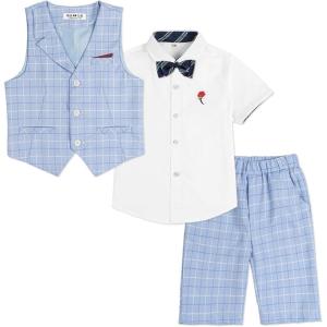 imageLOLANTA Boys Vest Tuxedo Suit Wedding Ring Bearer Outfits 4PCs Dress Clothes Vest Shirt Shorts Bow TieBlue Check