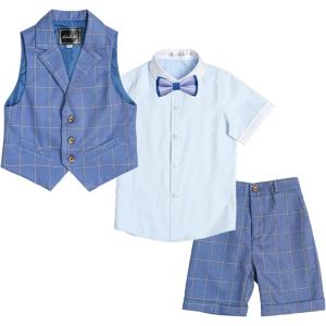 imageLOLANTA Boys Vest Tuxedo Suit Wedding Ring Bearer Outfits 4PCs Dress Clothes Vest Shirt Shorts Bow TieBlue Plaid